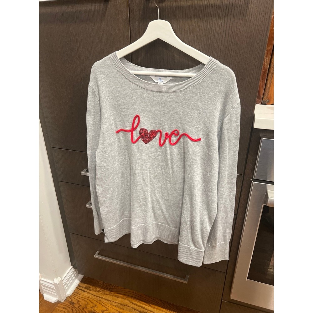 Time and Tru Womens Valentines Day Sweater Lightweigh Light‎ Grey Heather 2XL